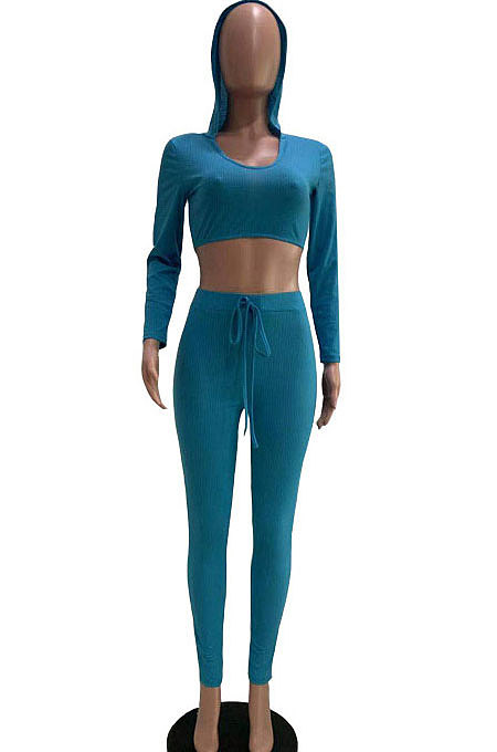 Euramerican Women Ribber Fashion Casual Long Sleeve Solid Color Hoodie Bodycon Pants Sets GLS8008