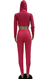Euramerican Women Ribber Fashion Casual Long Sleeve Solid Color Hoodie Bodycon Pants Sets GLS8008