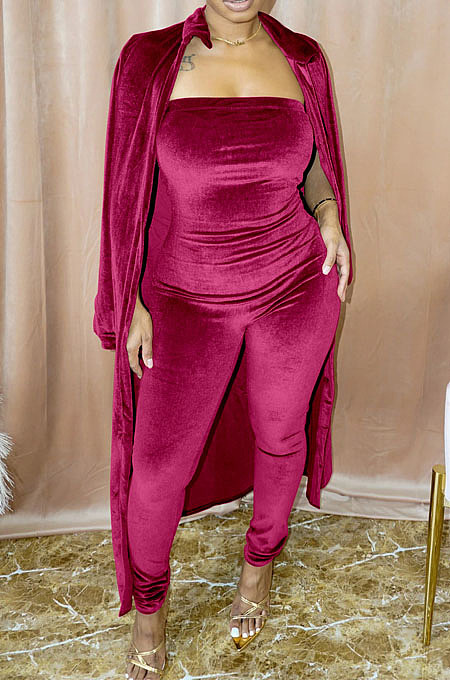 Wholesale Women's Velvet Strapless Slim Fitting Jumpsuits+Cardigan Long Coat Fashion Suit HG155