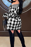 Euramerican Simple Plaid Printed Spliced Single-Breasted Sleeve-Ties Shirt Dress MN8391