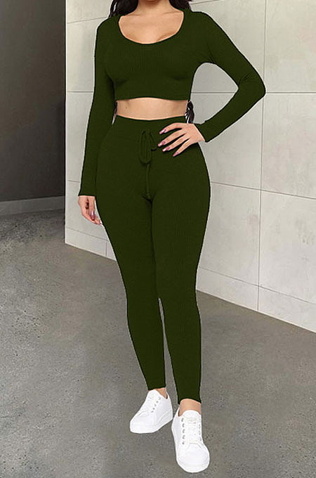 Euramerican Women Ribber Fashion Casual Long Sleeve Solid Color Hoodie Bodycon Pants Sets GLS8008