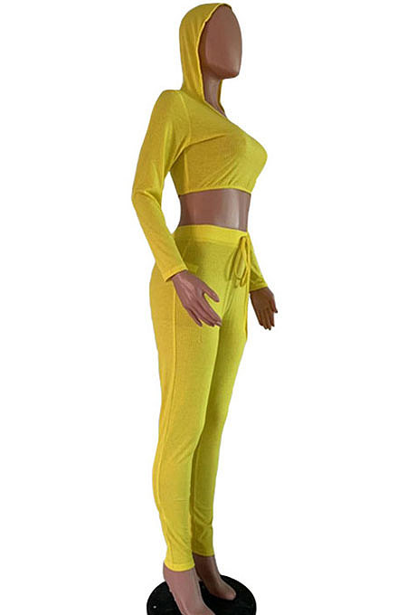 Euramerican Women Ribber Fashion Casual Long Sleeve Solid Color Hoodie Bodycon Pants Sets GLS8008