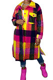 Women Fashion Plaid Winter Single-Breasted Turn-Down Collar Long Outerwear HM5528