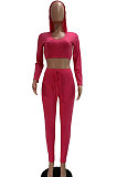 Euramerican Women Ribber Fashion Casual Long Sleeve Solid Color Hoodie Bodycon Pants Sets GLS8008