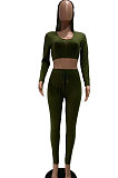 Euramerican Women Ribber Fashion Casual Long Sleeve Solid Color Hoodie Bodycon Pants Sets GLS8008