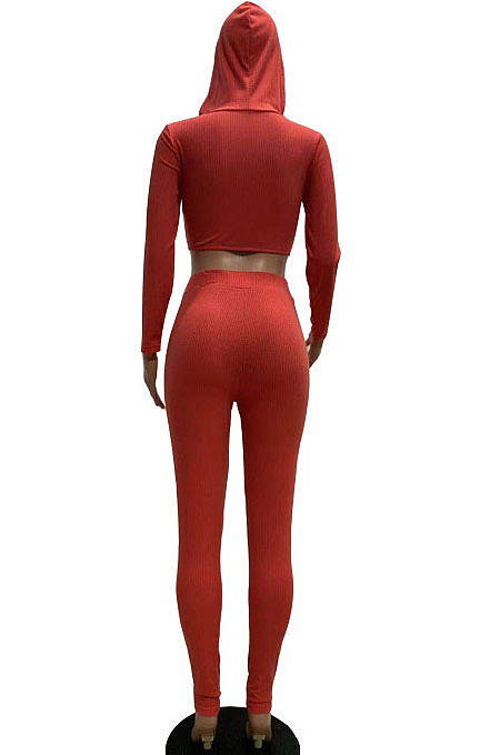 Euramerican Women Ribber Fashion Casual Long Sleeve Solid Color Hoodie Bodycon Pants Sets GLS8008