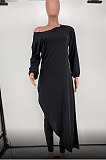 Fashion Sexy Pure Color Oblique Shoulder Irregularity Tops Skinny Pants Casual Suit HG156