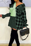 Euramerican Simple Plaid Printed Spliced Single-Breasted Sleeve-Ties Shirt Dress MN8391