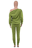 Euramerican Big Yards Printed Botton A Wrod Shoulder Loose Tops Ruffle Pants Plain Suit CYY81005