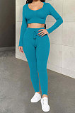Euramerican Women Ribber Fashion Casual Long Sleeve Solid Color Hoodie Bodycon Pants Sets GLS8008