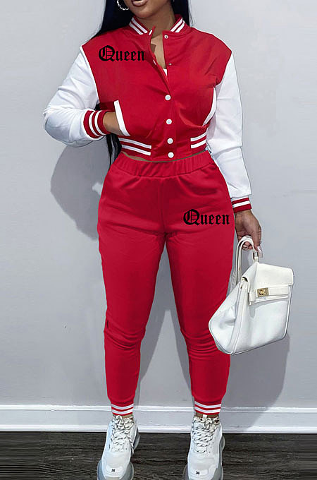 Color Matching Letters Printing Cardigan Single-Breasted Long Sleeve Baseball Uniform Pants Sets HTC1163