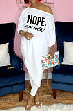 Casual Simple Letter Printed Oblique Shoulder Irregularity Tops Skinny Pants Plain Suit CYY81003