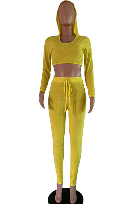 Euramerican Women Ribber Fashion Casual Long Sleeve Solid Color Hoodie Bodycon Pants Sets GLS8008