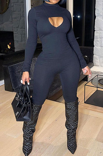 Fashion New Long Sleeve Front Hollow Out Solid Color Bodycon Jumpsuits LML286