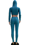 Euramerican Women Ribber Fashion Casual Long Sleeve Solid Color Hoodie Bodycon Pants Sets GLS8008