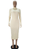 Women Casual Zipper Ribber Long Sleeve Solid Color Lstters Embroidered Midi Dress SDD9810