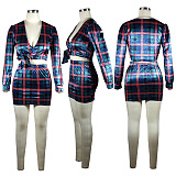 Women Pladi Printing Korea Velvet Long Sleeve Sexy Skirts Sets QQM4353