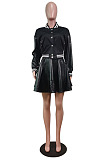 Euramerican Casual PU Leather Spliced Long Sleeve Jacket Pleated Skirts Baseball Uniform Suit WY6875