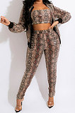Snakeskin Printing Long Sleeve Cardigan Zipper Strapless Pants Sets SDD9356