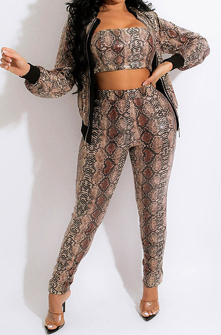 Snakeskin Printing Long Sleeve Cardigan Zipper Strapless Pants Sets SDD9356