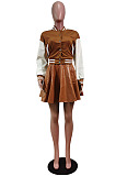Euramerican Casual PU Leather Spliced Long Sleeve Jacket Pleated Skirts Baseball Uniform Suit WY6875