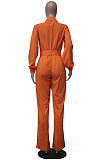Casual Modest Long Sleeve Lapel Neck Single-Breasted Collect Waist Plain Wide Jeg Jumpsuits SY8845