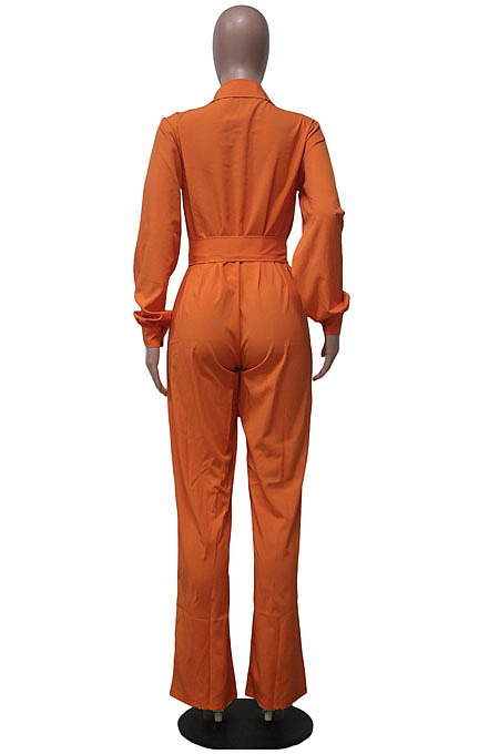 Casual Modest Long Sleeve Lapel Neck Single-Breasted Collect Waist Plain Wide Jeg Jumpsuits SY8845