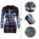 Women Pladi Printing Korea Velvet Long Sleeve Sexy Skirts Sets QQM4353