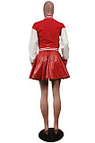 Euramerican Casual PU Leather Spliced Long Sleeve Jacket Pleated Skirts Baseball Uniform Suit WY6875