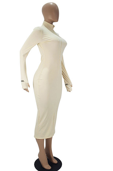 Women Casual Zipper Ribber Long Sleeve Solid Color Lstters Embroidered Midi Dress SDD9810