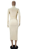 Women Casual Zipper Ribber Long Sleeve Solid Color Lstters Embroidered Midi Dress SDD9810