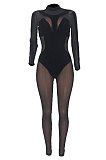 Women Sexy Mesh Spaghetti Spliced Velvet Mid Waist Bodycon Jumpsuits ED8557