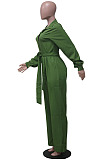 Casual Modest Long Sleeve Lapel Neck Single-Breasted Collect Waist Plain Wide Jeg Jumpsuits SY8845