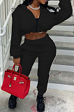 Fashion Casual Long Sleeve Dew Waist Zipper Cardigan Tops Jogger Pants Solid Color Suit WY6866