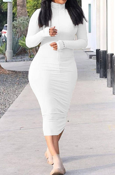 Women Casual Zipper Ribber Long Sleeve Solid Color Lstters Embroidered Midi Dress SDD9810