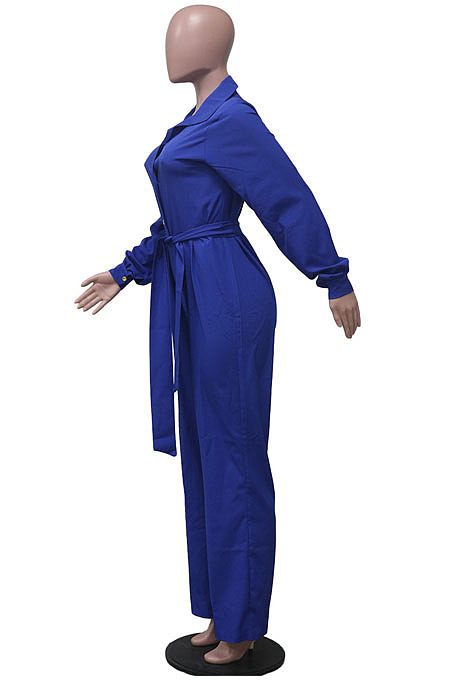 Casual Modest Long Sleeve Lapel Neck Single-Breasted Collect Waist Plain Wide Jeg Jumpsuits SY8845
