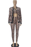 Snakeskin Printing Long Sleeve Cardigan Zipper Strapless Pants Sets SDD9356