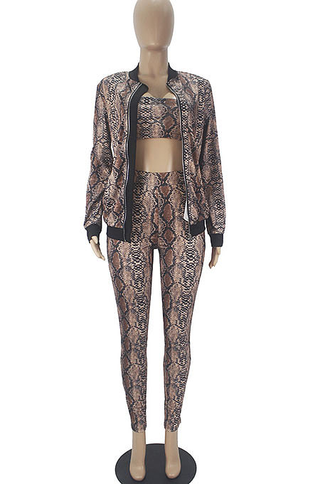 Snakeskin Printing Long Sleeve Cardigan Zipper Strapless Pants Sets SDD9356