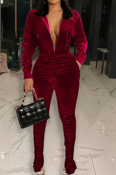 Women Cardigan Hoodie Zipper Pleuche Ruffle Pants Sets LD81091