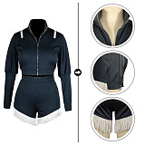 Autumn Winter Stand Collar Zipper Solid Color Sexy Shorts Sets QQM4356