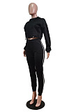 Fashion Casual Long Sleeve Dew Waist Zipper Cardigan Tops Jogger Pants Solid Color Suit WY6866