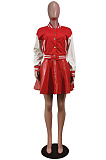 Euramerican Casual PU Leather Spliced Long Sleeve Jacket Pleated Skirts Baseball Uniform Suit WY6875