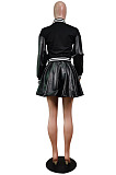 Euramerican Casual PU Leather Spliced Long Sleeve Jacket Pleated Skirts Baseball Uniform Suit WY6875