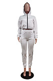 Fashion Casual Long Sleeve Dew Waist Zipper Cardigan Tops Jogger Pants Solid Color Suit WY6866