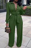Casual Modest Long Sleeve Lapel Neck Single-Breasted Collect Waist Plain Wide Jeg Jumpsuits SY8845