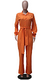 Casual Modest Long Sleeve Lapel Neck Single-Breasted Collect Waist Plain Wide Jeg Jumpsuits SY8845
