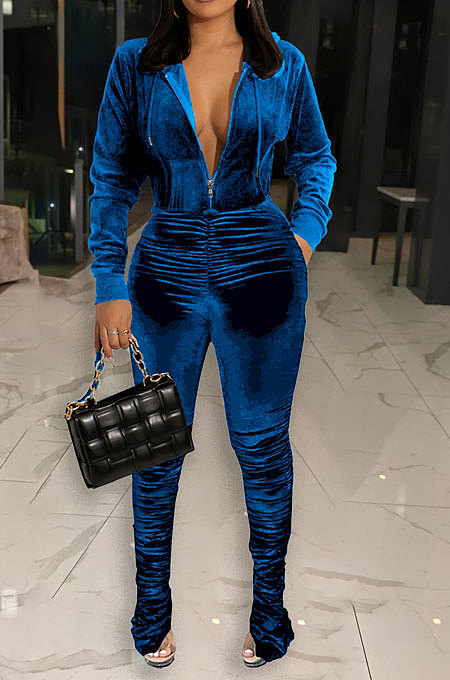 Women Cardigan Hoodie Zipper Pleuche Ruffle Pants Sets LD81091