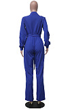 Casual Modest Long Sleeve Lapel Neck Single-Breasted Collect Waist Plain Wide Jeg Jumpsuits SY8845