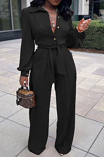Casual Modest Long Sleeve Lapel Neck Single-Breasted Collect Waist Plain Wide Jeg Jumpsuits SY8845