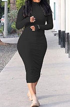 Women Casual Zipper Ribber Long Sleeve Solid Color Lstters Embroidered Midi Dress SDD9810